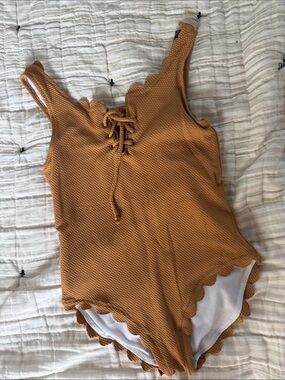 Rylee + Cru Mustard Scalloped One-Piece Bodysuit with Lace-Up Front